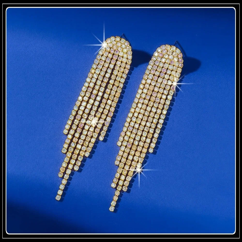 NEW GOLD SIMULATED DIAMOND LONG WATERFALL MULTI STRAND STONE EARRINGS